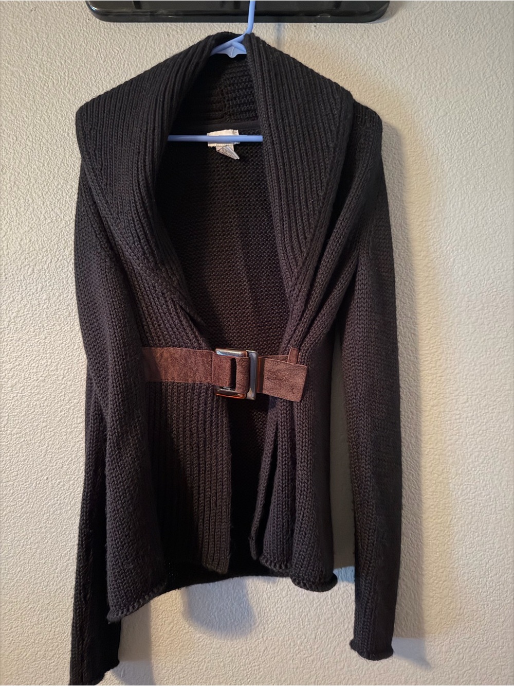 Soft Surroundings Black Shawl-Collar Cardigan with Brown Suede Belt